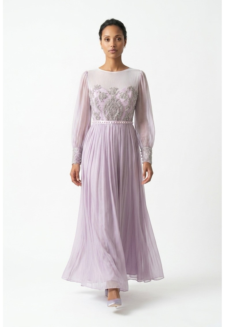 Rochie din matase si dantela Vera - Roz prafuit
