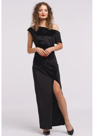 Rochie maxi catifelata cu decolteu pe un umar si slit frontal - Negru