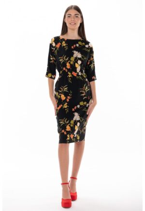 Rochie cambrata cu imprimeu floral Lise - Verde/Negru/Portocaliu