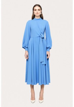 Rochie lunga cu maneci bishop si detaliu cu funda - Albastru pastel