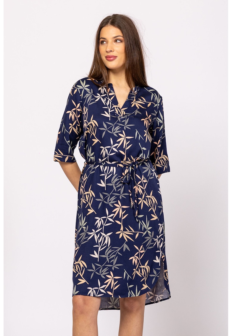 Rochie cu model si cordon in talie - Portocaliu pal/Bleumarin