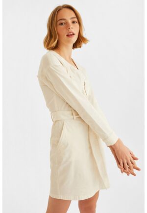 Rochie din material chambray si decolteu in V - Alb murdar