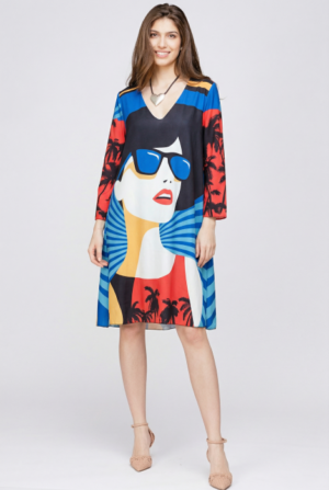 Rochie A-line cu imprimeu grafic artistic si croi lejer