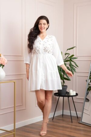 Rochie alba cu perforatii florale bej Iulia 01