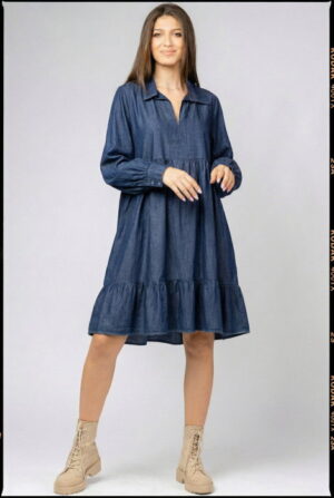 Rochie dama denim cu guler si croi lejer cu volane din bumbac