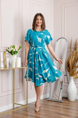Rochie dama turcoaz Avery cu imprimeu floral si cordon in talie