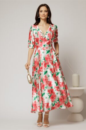 Rochie de ocazie cu imprimeu rosu si verde lunga de ocazie