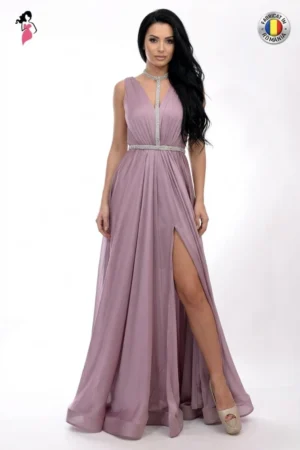 Rochie de seara lunga din material vaporos cu captuseala scurta si slit pe picior