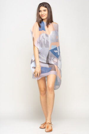 Rochie de plaja tip poncho cu model abstract in nuante de gri
