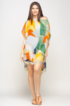 Rochie de plaja tip poncho cu model abstract in nuante de portocaliu