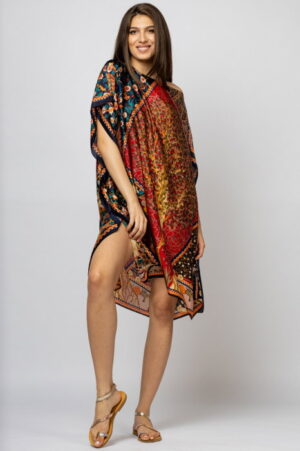 Rochie de plaja tip poncho din matase cu Pomul Vietii pe fond rosu