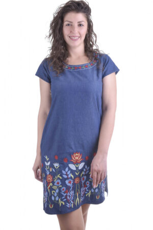 Rochie denim albastra cu motiv floral multicolor Brandusa