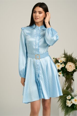 Rochie Dy Fashion bleu cu buline si curea in talie