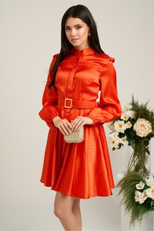 Rochie Dy Fashion corai cu buline in relief si curea in talie