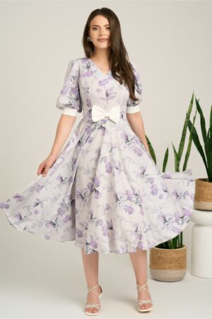 Rochie DY Fashion midi lila din voal in clos cu print mov si funda in talie