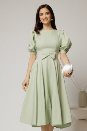 Rochie DY Fashion verde fistic din stofa in clos cu funda in talie