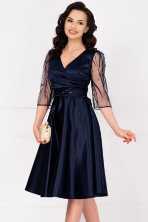 Rochie eleganta midi bleumarin Britney in clos cu maneci din tulle