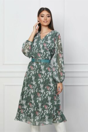 Rochie Loredana verde mint cu imprimeu si curea in talie