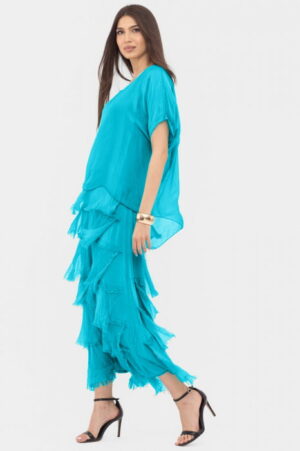 Rochie albastru azur din matase si vascoza cu  volane franjurate suprapuse