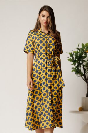 Rochie midi bleumarin din bumbac in clos cu cercuri galbene si cordon in talie