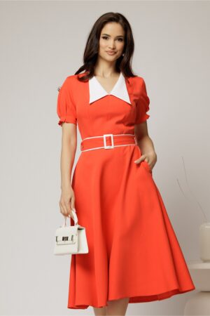 Rochie midi oranj corai cu guler alb in contrast si cordon cu insertii