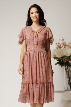 Rochie midi roz din voal cu imprimeuri florale albastre in clos cu volanase