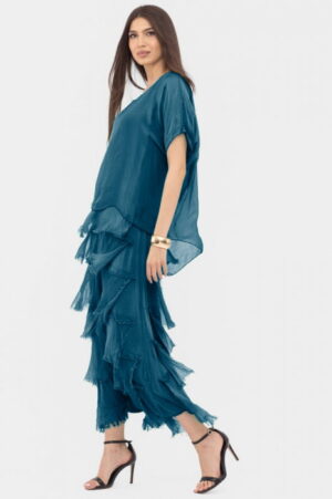 Rochie turcoaz inchis din matase si vascoza cu  volane franjurate suprapuse