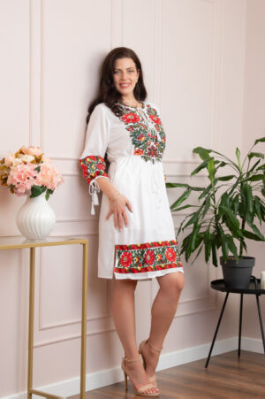 Rochie traditionala alba cu motiv floral multicolor Mihaela 02