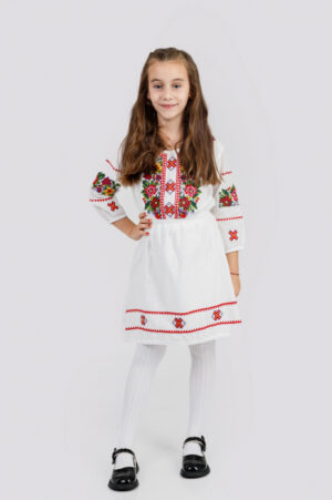 Rochie traditionala alba pentru fetite cu motiv floral multicolor Anais 01