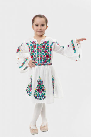 Rochie traditionala alba pentru fetite cu motiv floral multicolor Sabrina