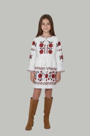 Rochie traditionala alba pentru fetite cu motiv floral rosu Crina