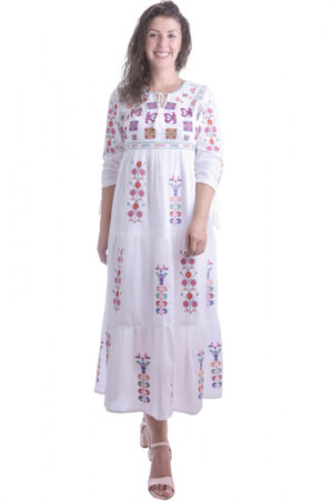 Rochie traditionala maxi alba cu motiv floral multicolor Adelina