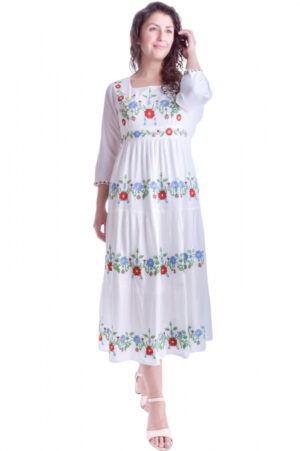 Rochie traditionala maxi alba cu motiv floral multicolor Sanziana