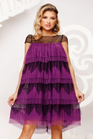 Rochie eleganta cu croiala in A formata din randuri de volane din tull mov