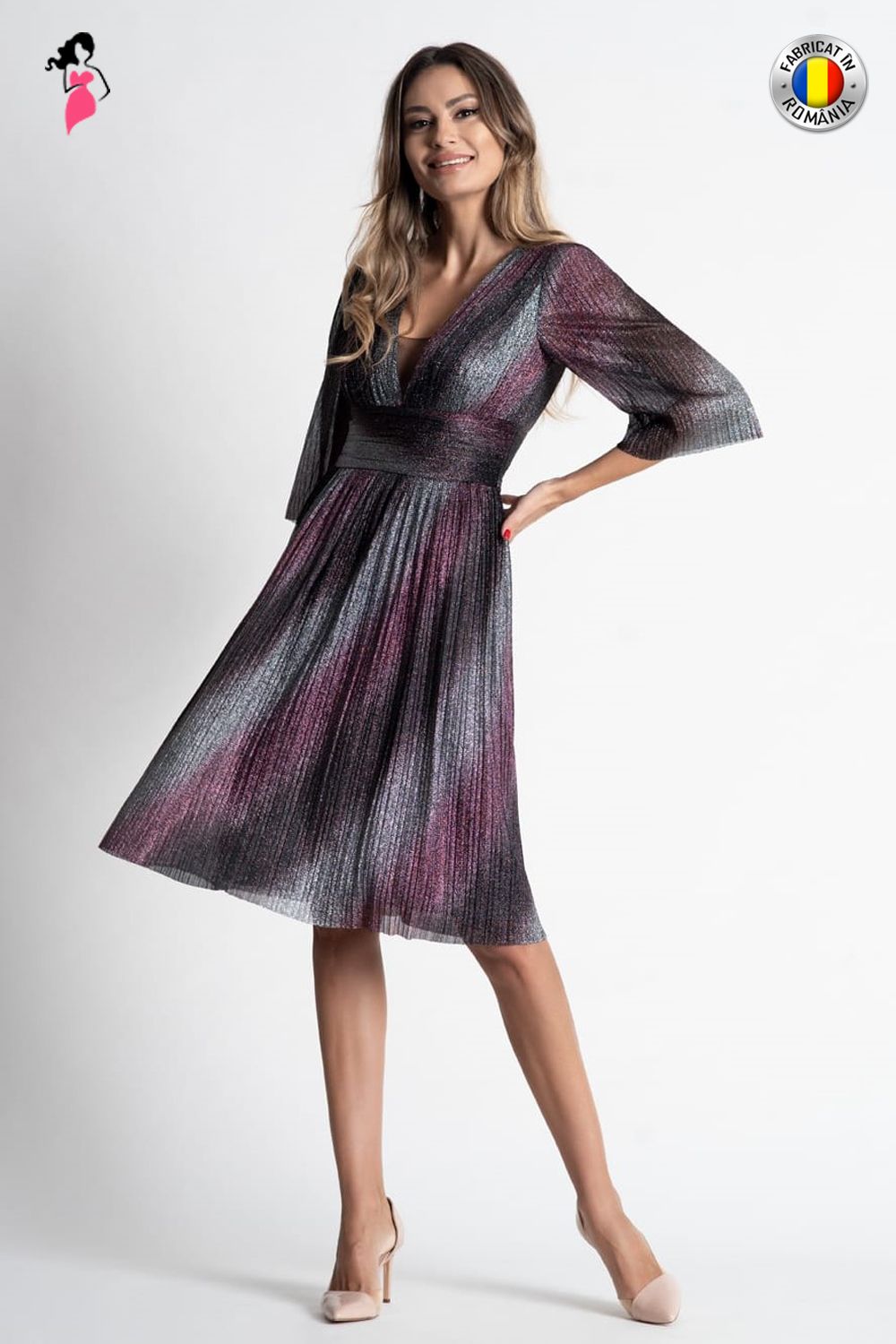 Rochie Xara de ocazie din lurex plisat gri cu roz