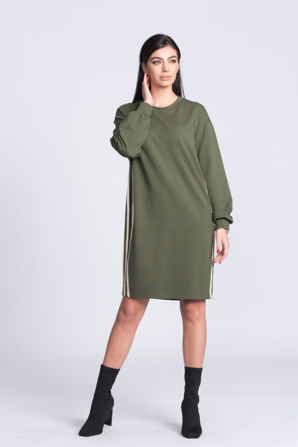 Rochie Xara casual kaki prevazuta cu benzi decorative pe lateral