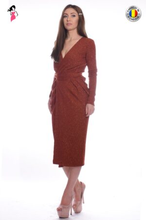 Rochie de ocazie parte peste parte din tricot fin cu fir laminat