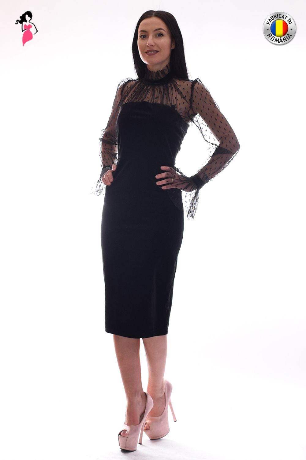 Rochie de ocazie conica midi din catifea cu maneci transparente din dantela