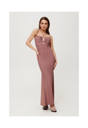 Rochie dama - maxi metalica cu cravata la decolteu - Poliester - Albastru - Albastru