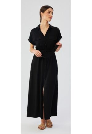 Rochie dama - midi cu guler - Poliester - Albastru - Negru