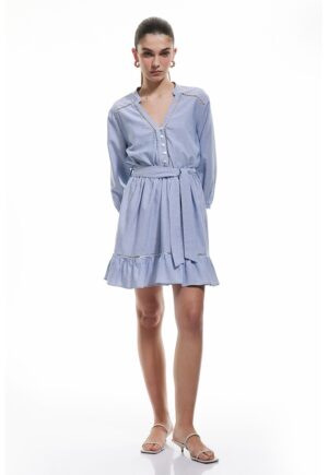 Rochie scurta din denim cu garnituri inguste cu decupaj - Alb/Albastru