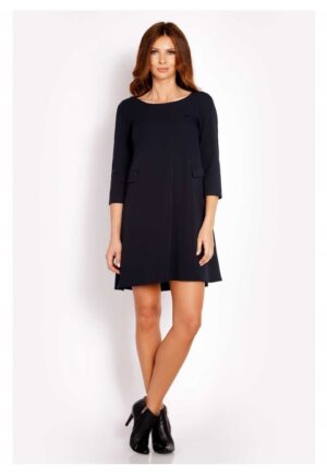 Rochie Dama -  L005 - Trapez Mini - Eleganta - Maneci 3/4 - Tesatura Confortabila cu Vascoza si Elastan - Croiala Clasica - Ideala Stil Formal si Casual - Albastru Inchis - Albastru inchis