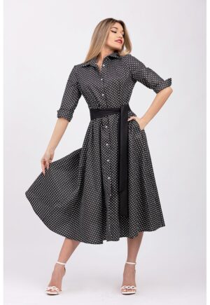 Rochie-camasa evazata cu cordon in talie - Alb/Negru