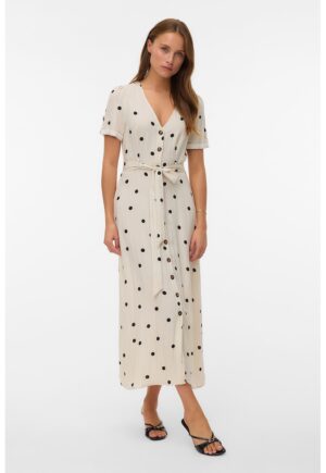 Rochie-camasa cu cordon in talie cu buline - Alb fildes/Negru
