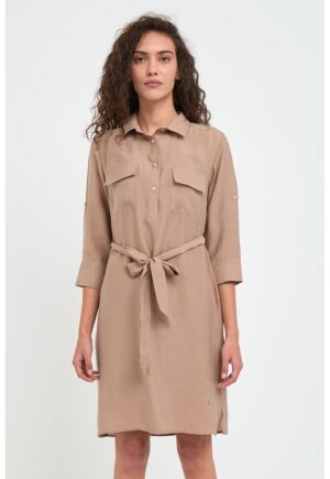 Rochie dreapta din amestec de modal cu cordon in talie - Maro deschis