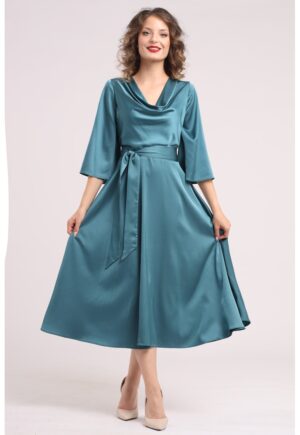 Rochie din satin cu decolteu drapat - Verde persan