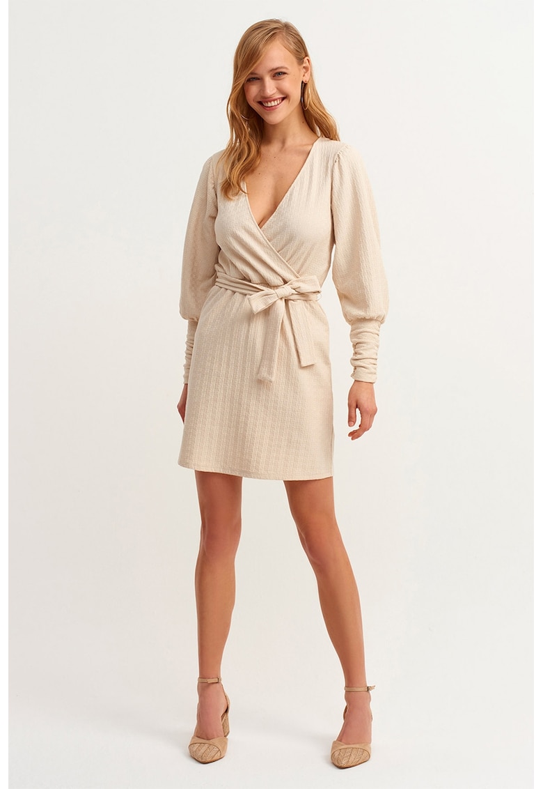 Rochie mini texturata cu snur in talie - Bej deschis