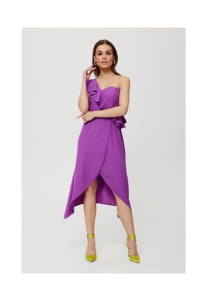 Rochie dama - cu volane pe un umar - Poliester - Rosu - Lavanda
