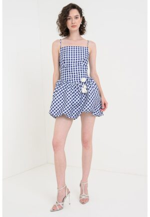 Rochie mini in carouri cu aplicatie decorativa - Alb/Albastru inchis