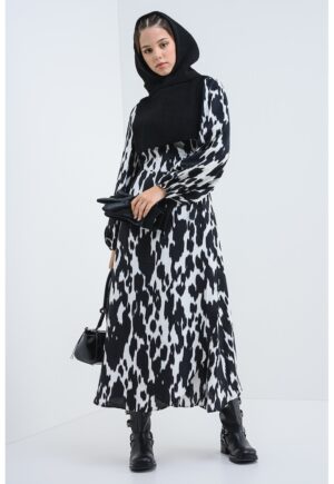Rochie lunga cu animal print - Alb/Negru